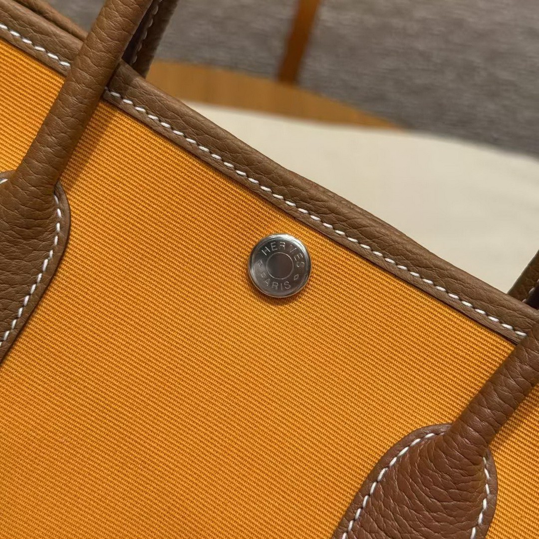 Hermes Garden Party 30 Bag Handmade In Negonda Calfskin Leather And Canvas Silver Hardware Orange Gold - Image 3