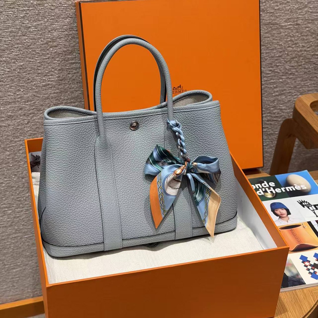 Hermes Garden Party 30 Bag Handmade In Negonda Calfskin Leather Silver Hardware P0 Girs Pantin - Image 2
