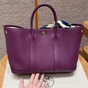 Hermes Garden Party 30 Bag Handmade In Vache Country Calfskin Leather Silver Hardware P9 Anemone - Image 16