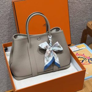 Hermes Garden Party 30 Bag Handmade In Vache Country Calfskin Leather Silver Hardware S2 Trench - Image 10