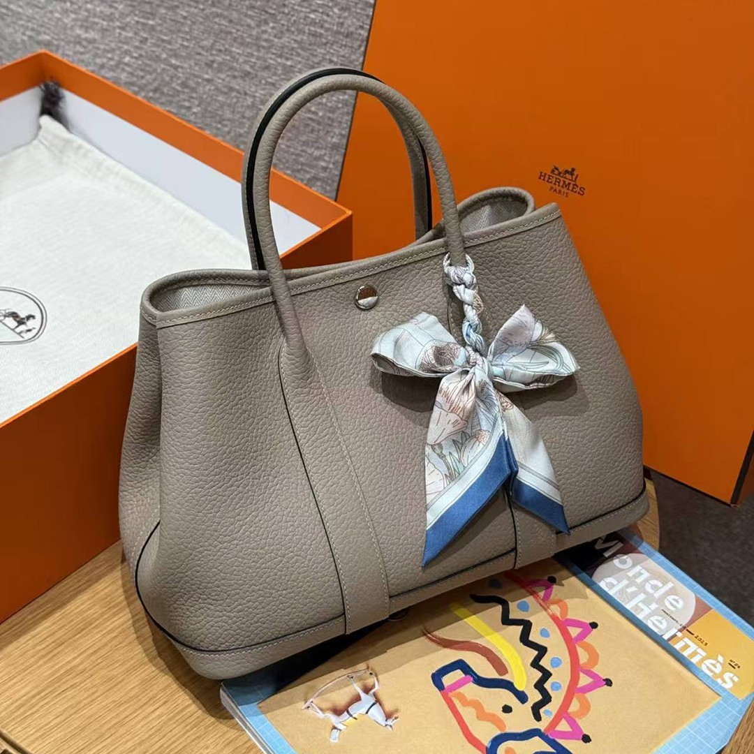 Hermes Garden Party 30 Bag Handmade In Vache Country Calfskin Leather Silver Hardware S2 Trench - Image 3