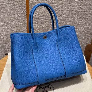 Hermes Garden Party 30 Bag Handmade In Negonda Calfskin Leather Silver Hardware T7 Blue Hydra