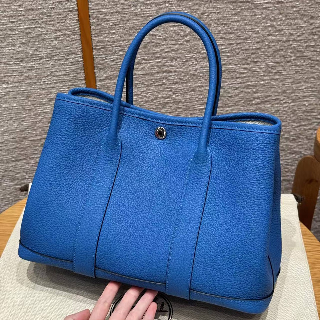 Hermes Garden Party 30 Bag Handmade In Negonda Calfskin Leather Silver Hardware T7 Blue Hydra - Image 2