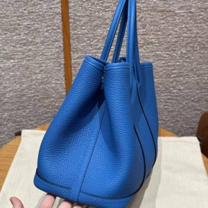 Hermes Garden Party 30 Bag Handmade In Negonda Calfskin Leather Silver Hardware T7 Blue Hydra - Image 20