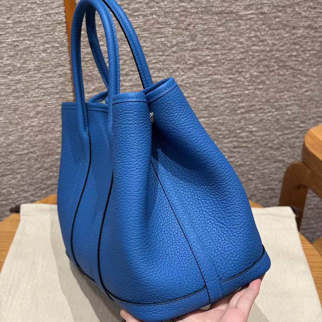 Hermes Garden Party 30 Bag Handmade In Negonda Calfskin Leather Silver Hardware T7 Blue Hydra - Image 19