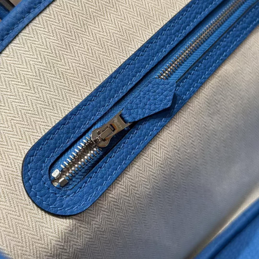 Hermes Garden Party 30 Bag Handmade In Negonda Calfskin Leather Silver Hardware T7 Blue Hydra - Image 14