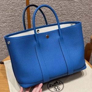 Hermes Garden Party 30 Bag Handmade In Negonda Calfskin Leather Silver Hardware T7 Blue Hydra - Image 13