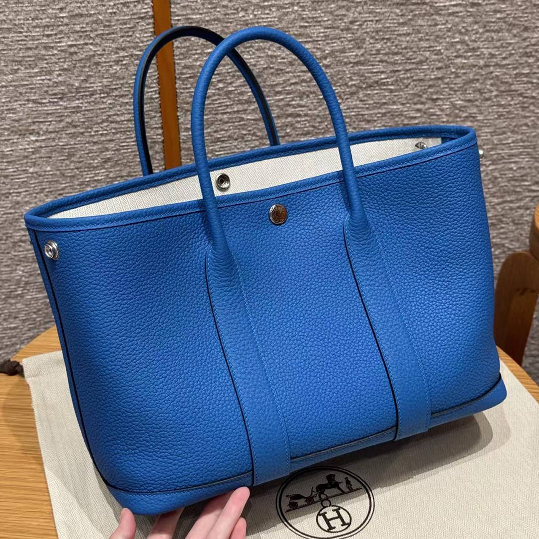 Hermes Garden Party 30 Bag Handmade In Negonda Calfskin Leather Silver Hardware T7 Blue Hydra - Image 13