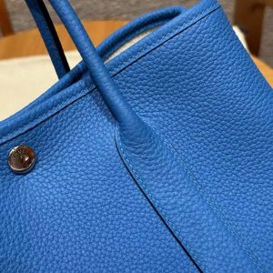 Hermes Garden Party 30 Bag Handmade In Negonda Calfskin Leather Silver Hardware T7 Blue Hydra - Image 10