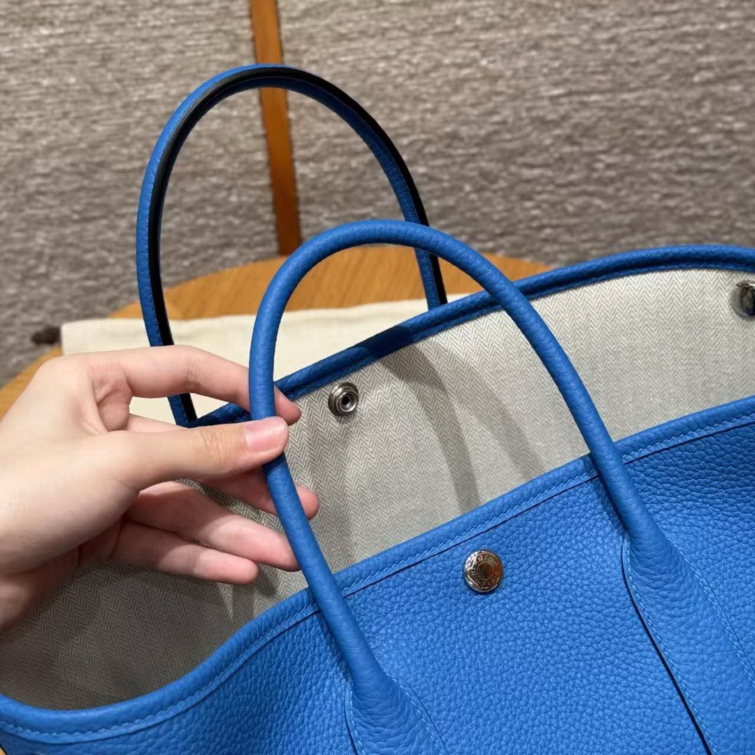 Hermes Garden Party 30 Bag Handmade In Negonda Calfskin Leather Silver Hardware T7 Blue Hydra - Image 6