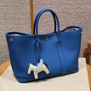 Hermes Garden Party 30 Bag Handmade In Negonda Calfskin Leather Silver Hardware T7 Blue Hydra - Image 3