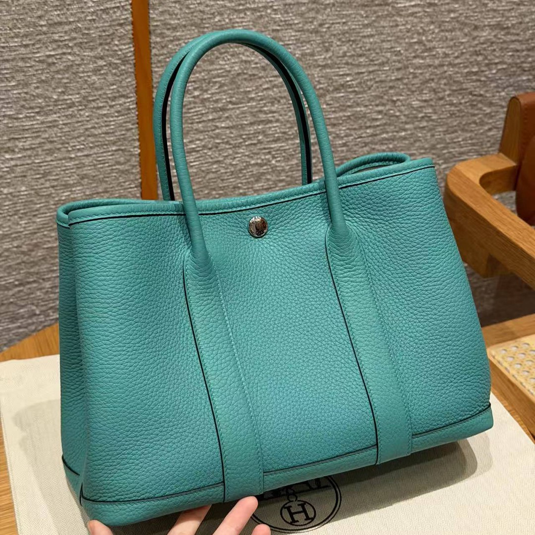 Hermes Garden Party 30 Bag Handmade In Negonda Calfskin Leather Silver Hardware U1 Vert Verone