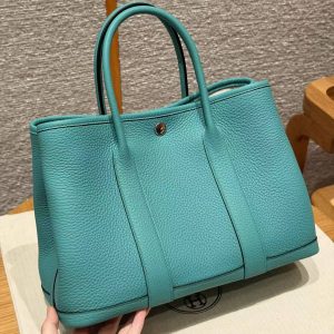 Hermes Garden Party 30 Bag Handmade In Negonda Calfskin Leather Silver Hardware U1 Vert Verone - Image 2