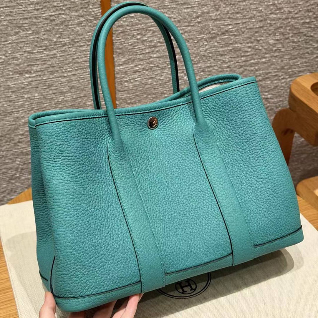 Hermes Garden Party 30 Bag Handmade In Negonda Calfskin Leather Silver Hardware U1 Vert Verone - Image 2