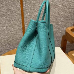 Hermes Garden Party 30 Bag Handmade In Negonda Calfskin Leather Silver Hardware U1 Vert Verone - Image 18
