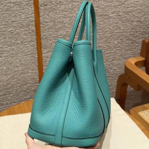 Hermes Garden Party 30 Bag Handmade In Negonda Calfskin Leather Silver Hardware U1 Vert Verone - Image 17