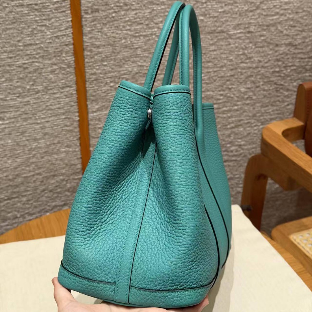 Hermes Garden Party 30 Bag Handmade In Negonda Calfskin Leather Silver Hardware U1 Vert Verone - Image 17