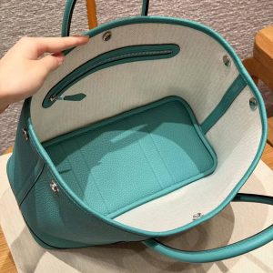 Hermes Garden Party 30 Bag Handmade In Negonda Calfskin Leather Silver Hardware U1 Vert Verone - Image 15