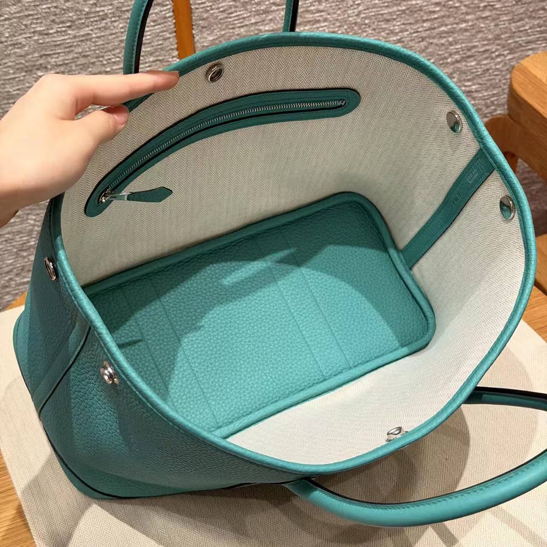 Hermes Garden Party 30 Bag Handmade In Negonda Calfskin Leather Silver Hardware U1 Vert Verone - Image 15