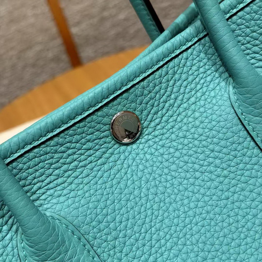 Hermes Garden Party 30 Bag Handmade In Negonda Calfskin Leather Silver Hardware U1 Vert Verone - Image 14