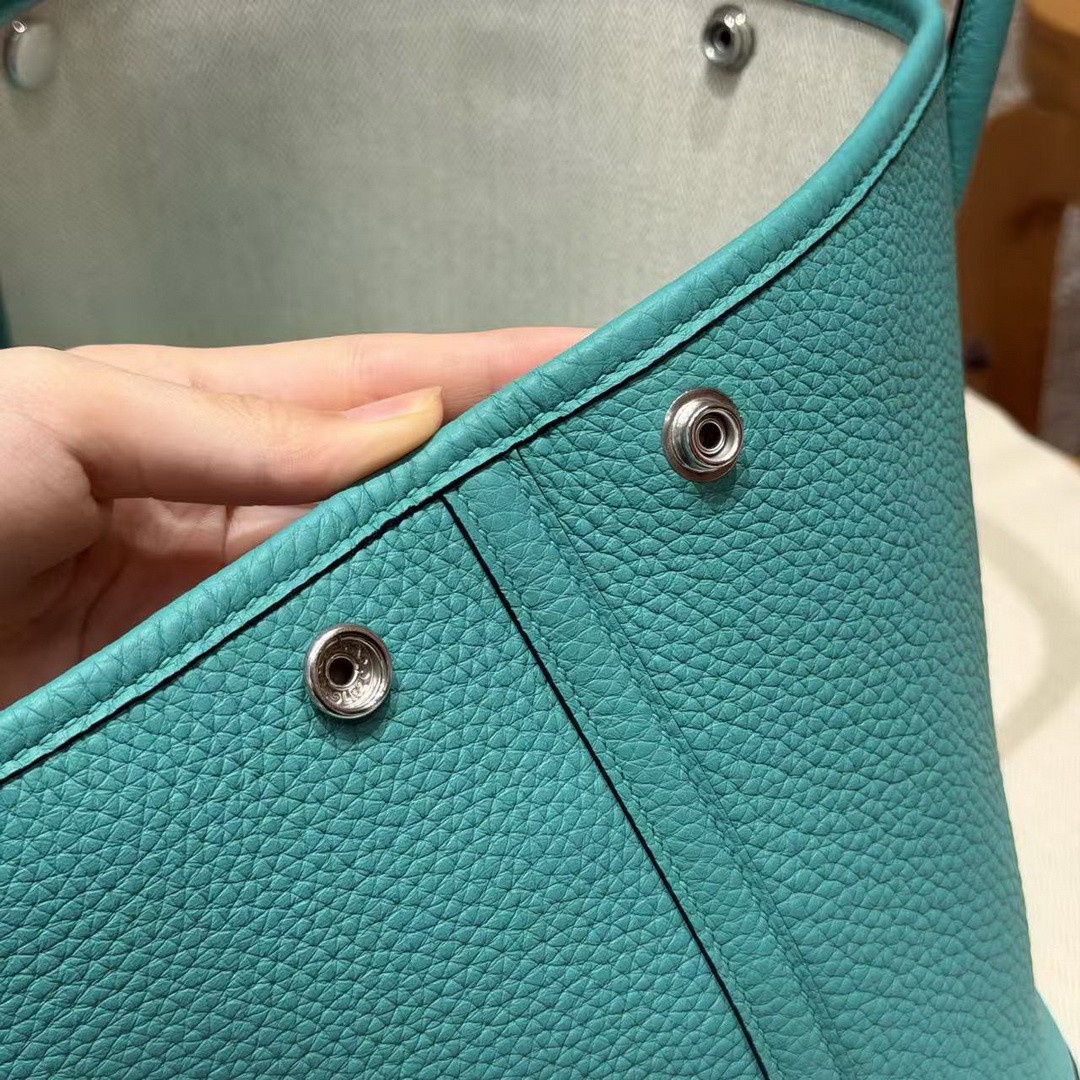 Hermes Garden Party 30 Bag Handmade In Negonda Calfskin Leather Silver Hardware U1 Vert Verone - Image 11