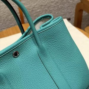 Hermes Garden Party 30 Bag Handmade In Negonda Calfskin Leather Silver Hardware U1 Vert Verone - Image 5