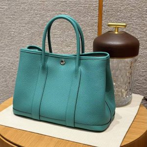 Hermes Garden Party 30 Bag Handmade In Negonda Calfskin Leather Silver Hardware U1 Vert Verone - Image 4