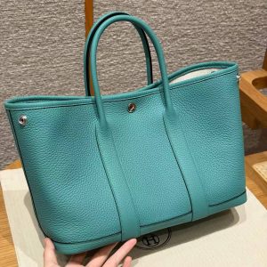 Hermes Garden Party 30 Bag Handmade In Negonda Calfskin Leather Silver Hardware U1 Vert Verone - Image 3