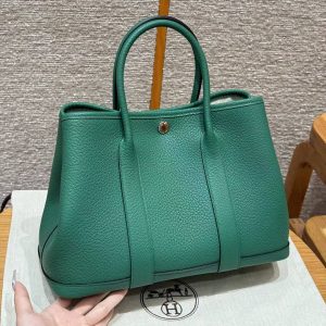 Hermes Garden Party 30 Bag Handmade In Negonda Calfskin Leather Silver Hardware U4 Vert Vertigo