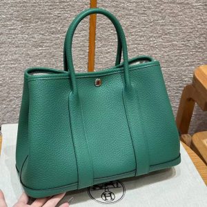 Hermes Garden Party 30 Bag Handmade In Negonda Calfskin Leather Silver Hardware U4 Vert Vertigo - Image 2