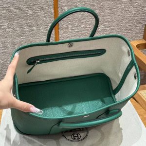 Hermes Garden Party 30 Bag Handmade In Negonda Calfskin Leather Silver Hardware U4 Vert Vertigo - Image 13