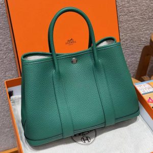 Hermes Garden Party 30 Bag Handmade In Negonda Calfskin Leather Silver Hardware U4 Vert Vertigo - Image 11