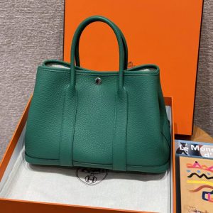 Hermes Garden Party 30 Bag Handmade In Negonda Calfskin Leather Silver Hardware U4 Vert Vertigo - Image 10