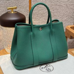 Hermes Garden Party 30 Bag Handmade In Negonda Calfskin Leather Silver Hardware U4 Vert Vertigo - Image 9