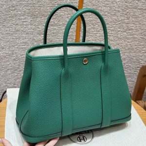 Hermes Garden Party 30 Bag Handmade In Negonda Calfskin Leather Silver Hardware U4 Vert Vertigo - Image 8