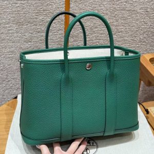 Hermes Garden Party 30 Bag Handmade In Negonda Calfskin Leather Silver Hardware U4 Vert Vertigo - Image 7