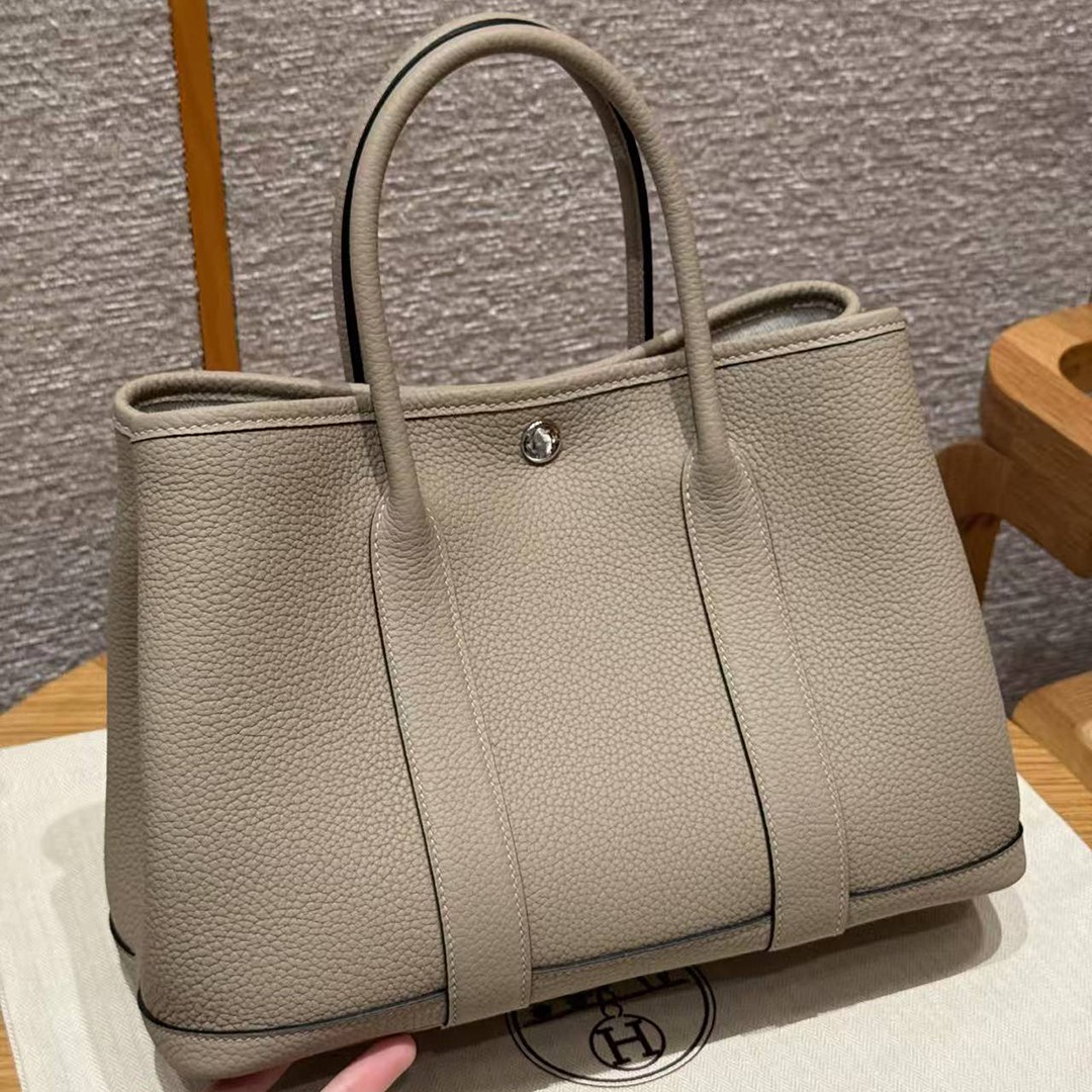 Hermes Garden Party 30 Bag Handmade In Negonda Calfskin Leather Silver Hardware ck81 Gris Tourtelle