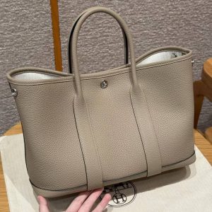 Hermes Garden Party 30 Bag Handmade In Negonda Calfskin Leather Silver Hardware ck81 Gris Tourtelle - Image 2