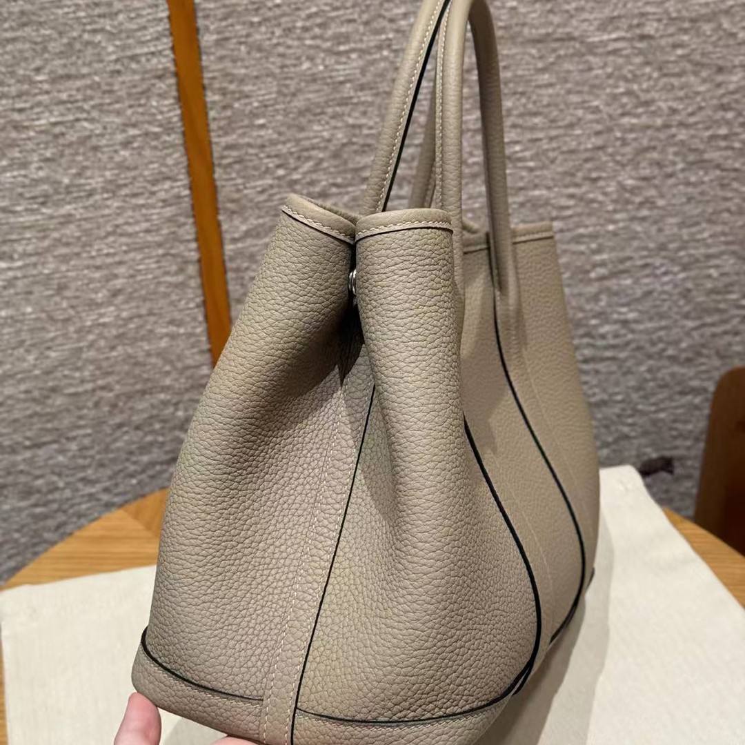 Hermes Garden Party 30 Bag Handmade In Negonda Calfskin Leather Silver Hardware ck81 Gris Tourtelle - Image 20