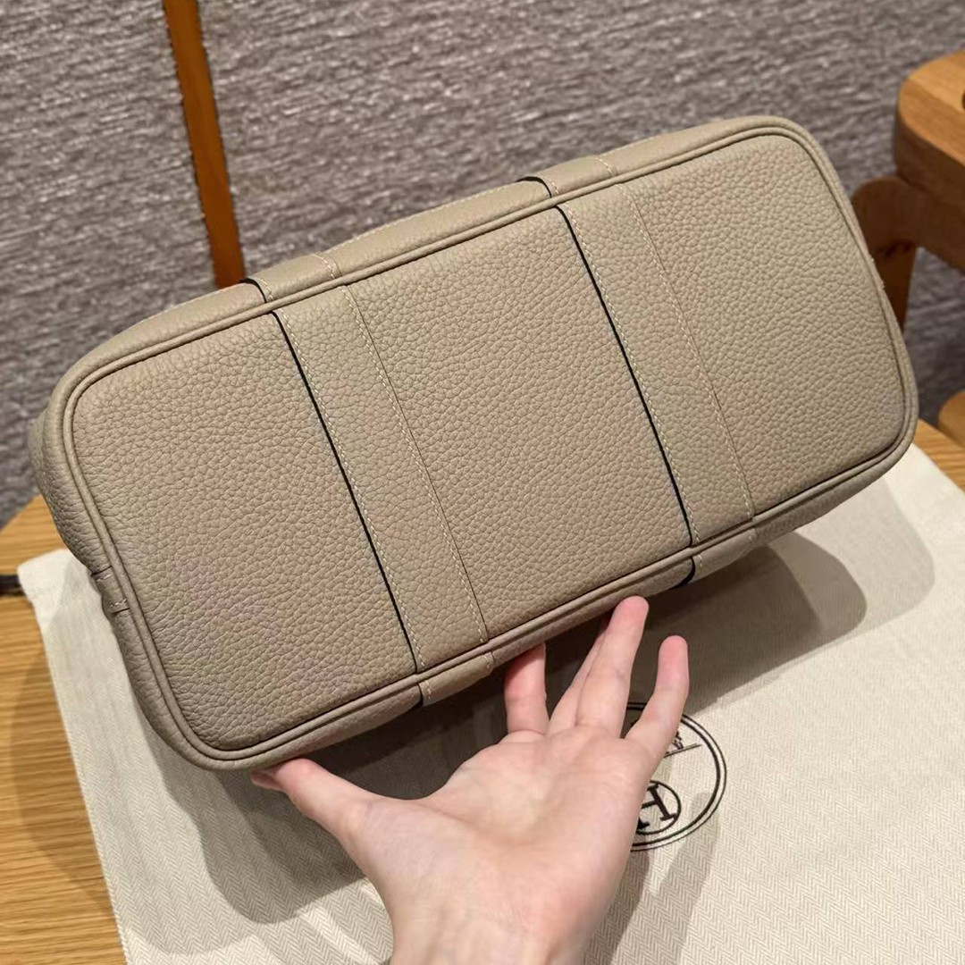 Hermes Garden Party 30 Bag Handmade In Negonda Calfskin Leather Silver Hardware ck81 Gris Tourtelle - Image 18
