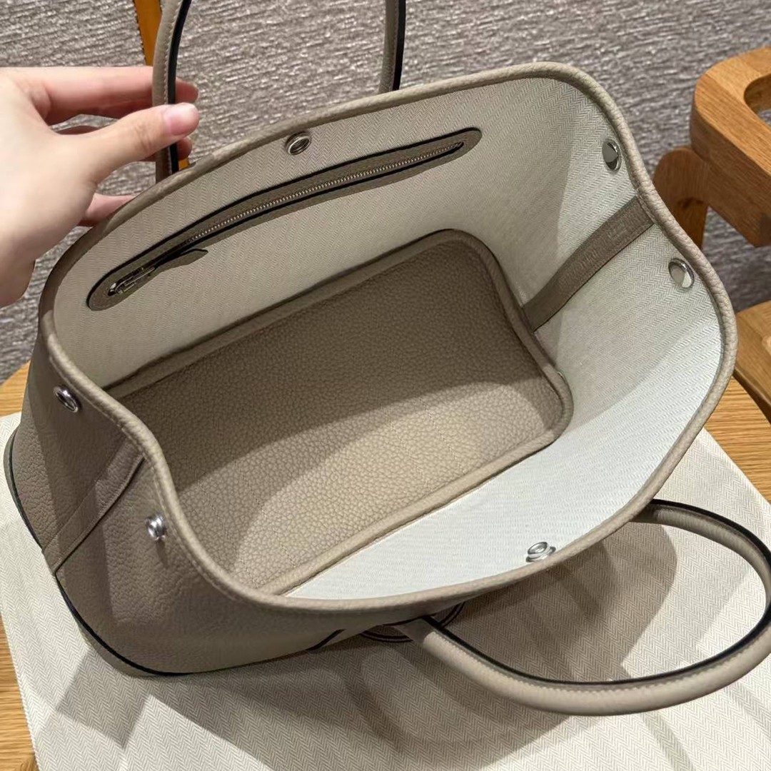 Hermes Garden Party 30 Bag Handmade In Negonda Calfskin Leather Silver Hardware ck81 Gris Tourtelle - Image 13