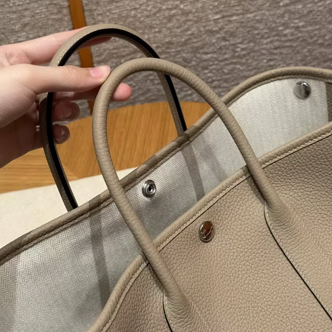 Hermes Garden Party 30 Bag Handmade In Negonda Calfskin Leather Silver Hardware ck81 Gris Tourtelle - Image 12