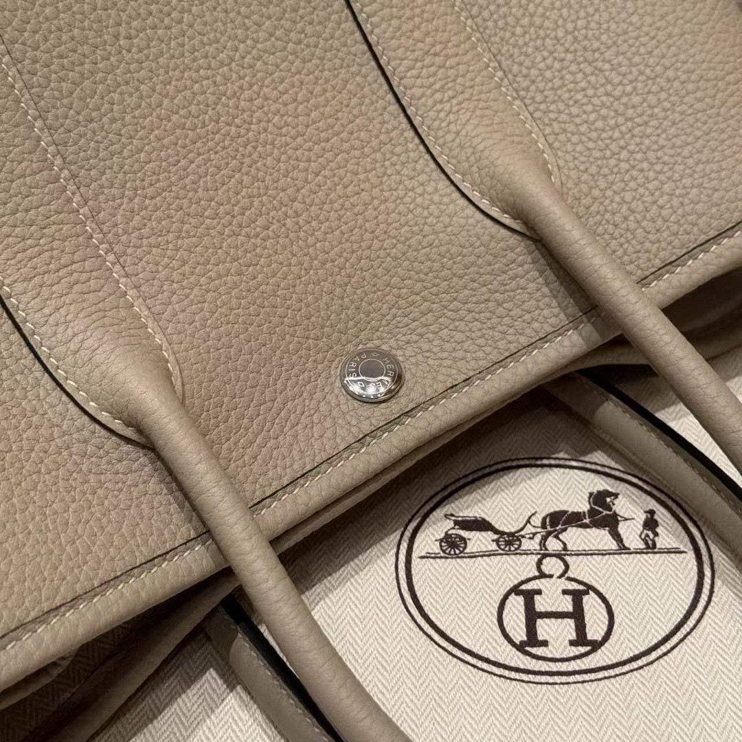 Hermes Garden Party 30 Bag Handmade In Negonda Calfskin Leather Silver Hardware ck81 Gris Tourtelle - Image 10