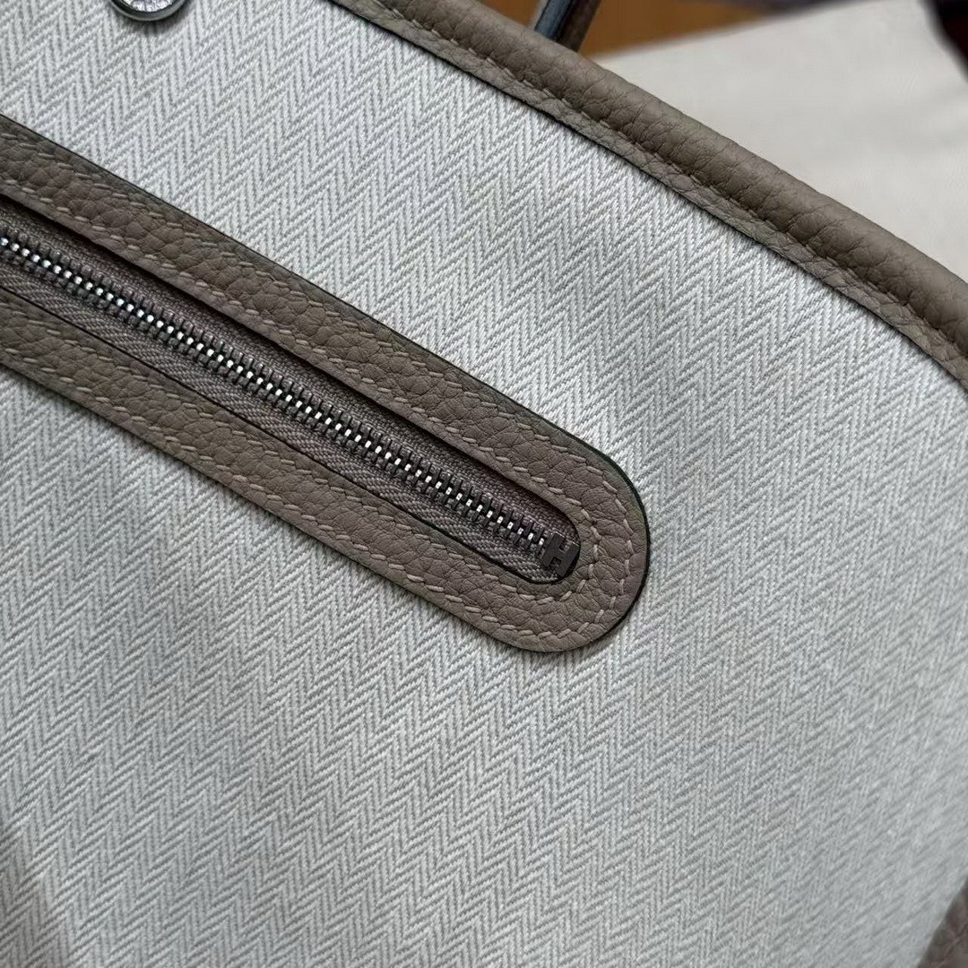 Hermes Garden Party 30 Bag Handmade In Negonda Calfskin Leather Silver Hardware ck81 Gris Tourtelle - Image 6