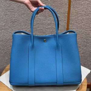 Hermes Garden Party 36 Bag Handmade In Vache Country Calfskin Leather Silver Hardware 0F Blue Frida