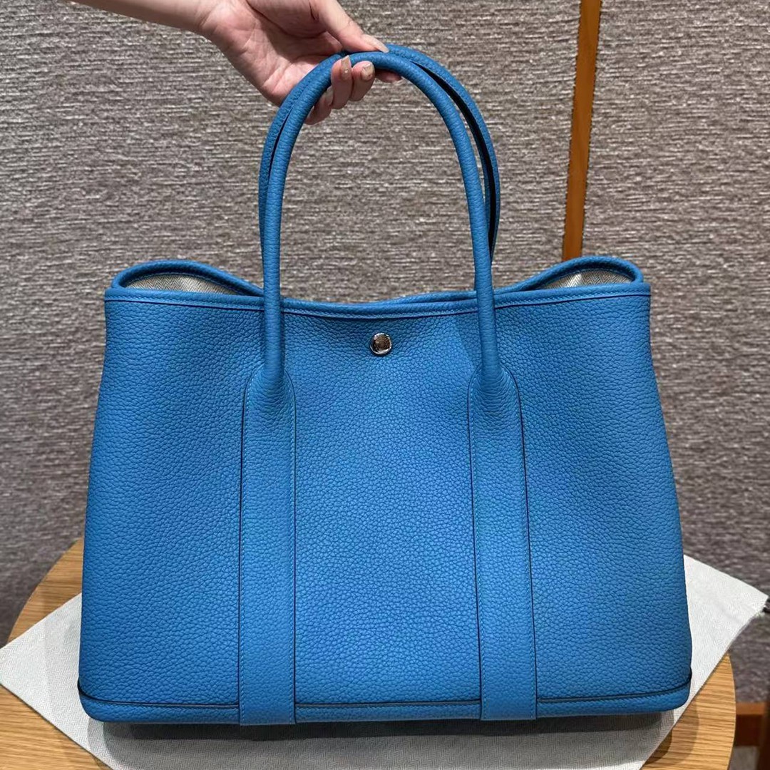Hermes Garden Party 36 Bag Handmade In Vache Country Calfskin Leather Silver Hardware 0F Blue Frida
