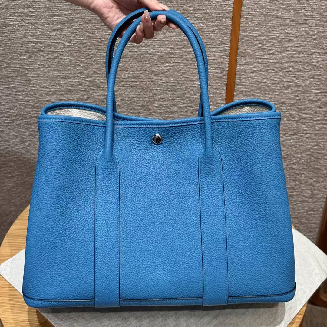 Hermes Garden Party 36 Bag Handmade In Vache Country Calfskin Leather Silver Hardware 0F Blue Frida - Image 2