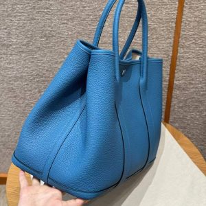 Hermes Garden Party 36 Bag Handmade In Vache Country Calfskin Leather Silver Hardware 0F Blue Frida - Image 16