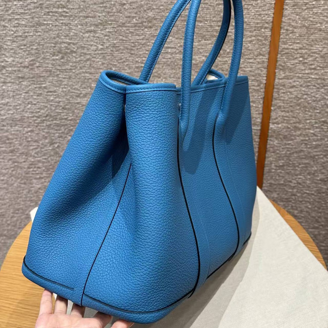 Hermes Garden Party 36 Bag Handmade In Vache Country Calfskin Leather Silver Hardware 0F Blue Frida - Image 15