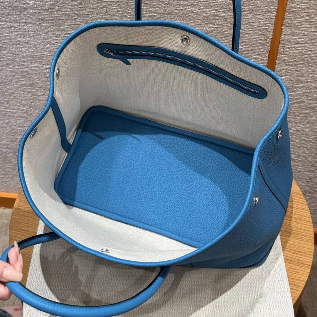 Hermes Garden Party 36 Bag Handmade In Vache Country Calfskin Leather Silver Hardware 0F Blue Frida - Image 12